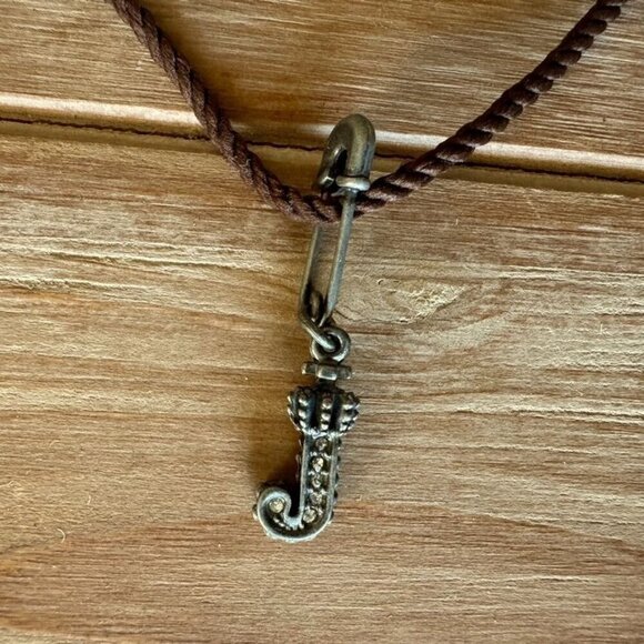 Y2k Juicy Couture J Safety Pin Silver Rhinestone Pendant Brown Cord Necklace - Picture 3 of 5